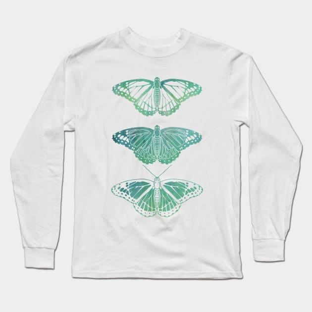 Butterfly Design in Blue and Green Paint Strokes Combo Pattern Long Sleeve T-Shirt by PurposelyDesigned